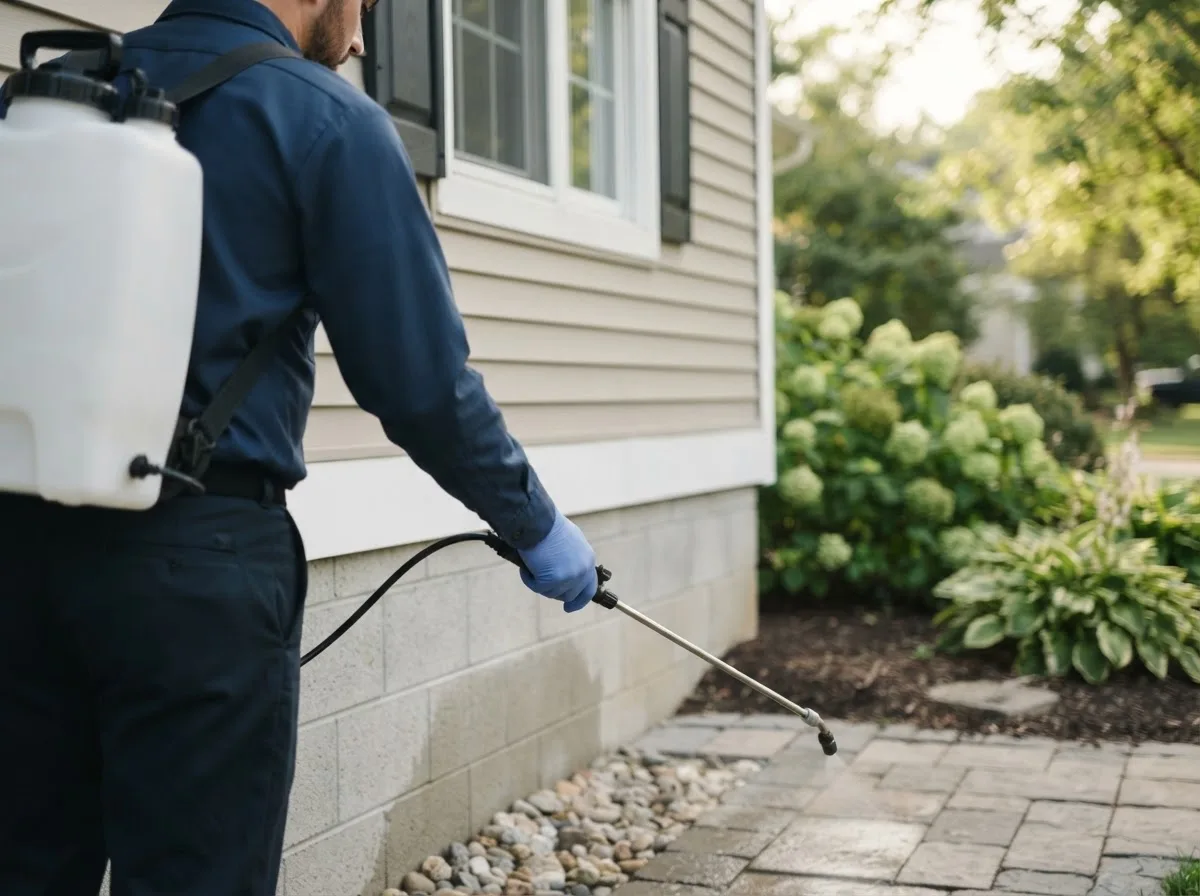 Pest control technician inspecting a home in Dowell, IL